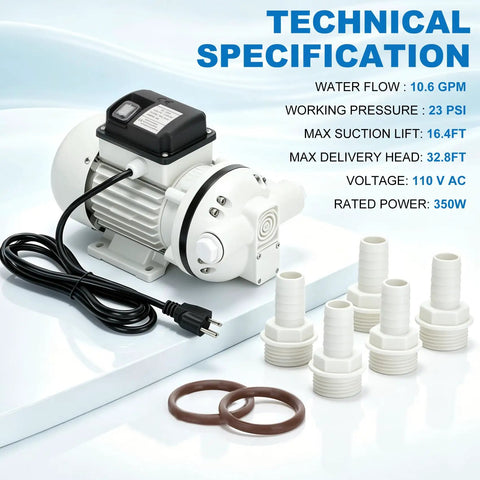 Heavy Duty Def Transfer Pump 110V Electric Fluid Pump 400W features 10.6 GPM flow, accessories, and motor specifications.