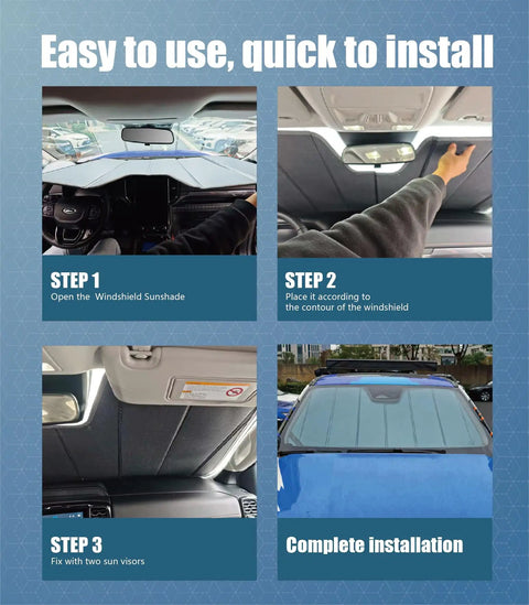 Installation steps for Ford F150 Windshield Sun Shade Custom Fit For 2021 To 2026, showing placement and securing process.