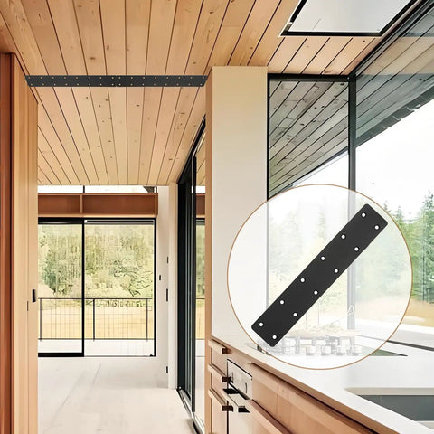 Heavy Duty Steel I Shape Mending Plates For Wood DIY Reinforcement 6 Pack in modern interior with visible mounting holes.