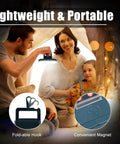 Family using Portable Camping Fan With LED Lantern USB Rechargeable Waterproof Tent Fan indoors, highlighting hook and magnet features.