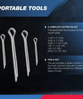 555 Piece Cotter Pin Set For Automotive And Trailer Projects Zinc Plated Steel Premium Quality Straight Hairpins And Split Pins To Lock Castle Nuts In Place By NEIKO displayed with pins in various sizes on a dark background.