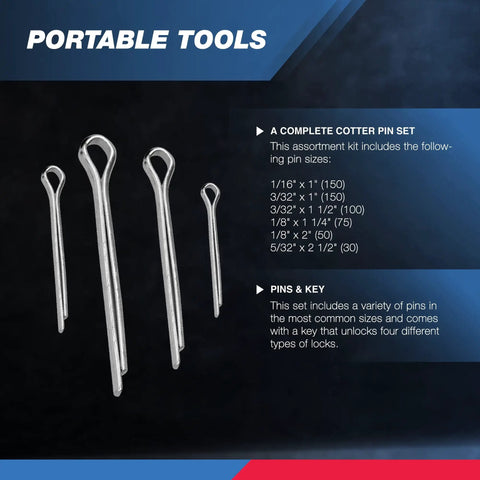 555 Piece Cotter Pin Set For Automotive And Trailer Projects Zinc Plated Steel Premium Quality Straight Hairpins And Split Pins To Lock Castle Nuts In Place By NEIKO displayed with pins in various sizes on a dark background.