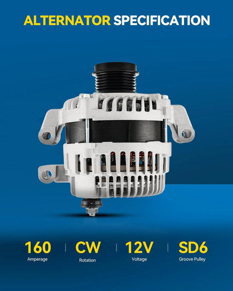 Alternator For Chrysler 200 2015 2017 2.4L Compass 2018 2022 Cherokee 2014 2019 2.4L Renegade 2015 2021 2.4L ProMaster City 2015 2022 12V 160Amp CW SD6 6-Groove Pulley Replacement Drop-In 11554N 11554