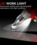 Beefy Cordless Metal Shears With 20V 2x2000mAh Batteries cutting metal under LED work light