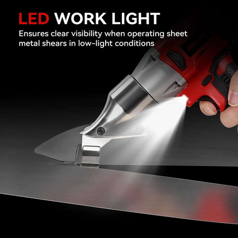 Beefy Cordless Metal Shears With 20V 2x2000mAh Batteries cutting metal under LED work light