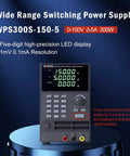 Programmable DC Power Supply 0 to 150V 5A 300W with LED display on lab bench, showing voltage and current settings