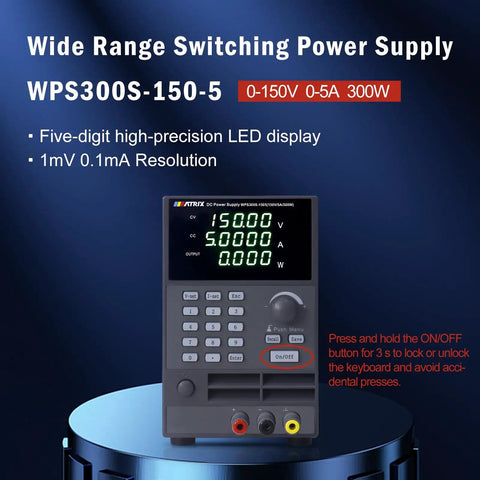 Programmable DC Power Supply 0 to 150V 5A 300W with LED display on lab bench, showing voltage and current settings