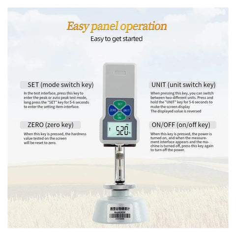 Digital Grain Hardness Tester Sclerometer Durometer Machine Hella Precise Handheld gauge display with operational keys for grains.