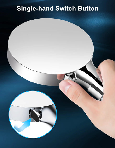Close-up of chrome shower head with single-hand switch button, part of Shower Head With Six Spray Modes And High Pressure 59 Inch Hose, Handheld Water Filter For Hard Water That Reduces Chlorine, Water Saving Soothing Spa Vibe, Easy Bracket Mount product