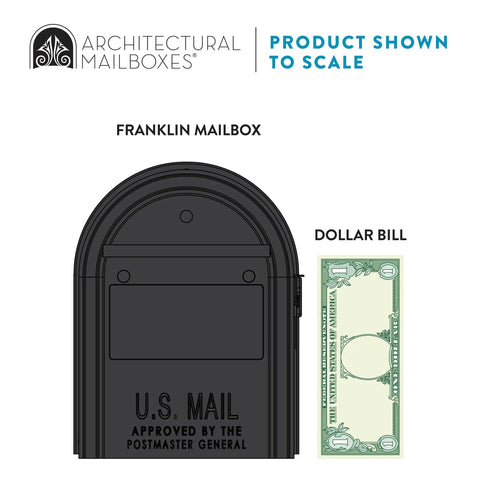 Franklin Post Mount Mailbox Weatherproof Galvanized Steel Black With Silver Accents Medium Curbside Mailbox next to dollar bill for scale