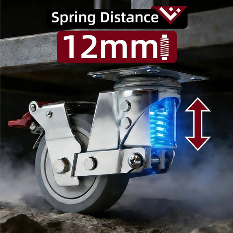 Heavy Duty 4 Inch Casters Set Of 4 With Dual Spring Shock Absorption, showing side view with 12mm spring distance measurement.