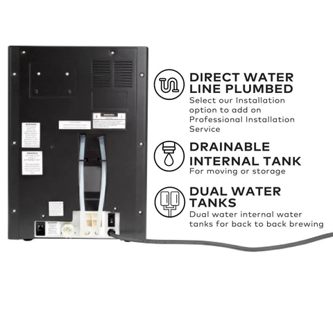 Back view of Office Boss Level Single Serve Coffee Maker With Plumbed Water Line showing plumbing and dual water tanks.