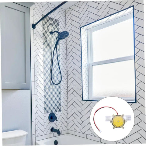 Bathroom with shower and 12V Water Flow Generator Micro Hydro Turbine Voltage Regulator Portable Turbine in inset view