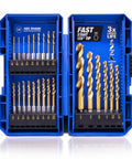 Open blue case showing 24 Piece Hex Shank Drill Bit Set For Impact Driver Titanium Coated HSS Bits For Metal With Quick Change Hex Drive.