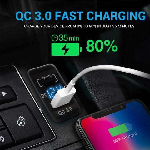 Blue Dual Port PD And QC 3.0 Fast Car Charger With Bright LED Voltmeter displaying charging status in a vehicle socket.