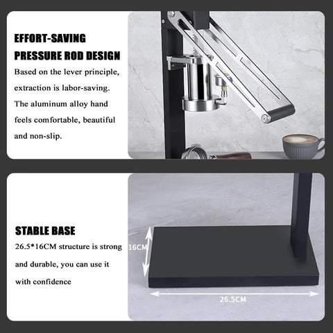 Rugged Hand Pressed Espresso Machine Using Manual Lever And Pressure Chamber Plus Portable Bottomless Coffee Maker For Zero Fuss Brewing showcasing the aluminum pressure rod design and stable base.