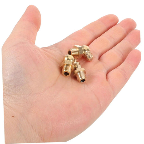 9 Piece Grease Fitting Assortment Kit With Copper Nipples for cars and trailers held in a hand showing size and design details.