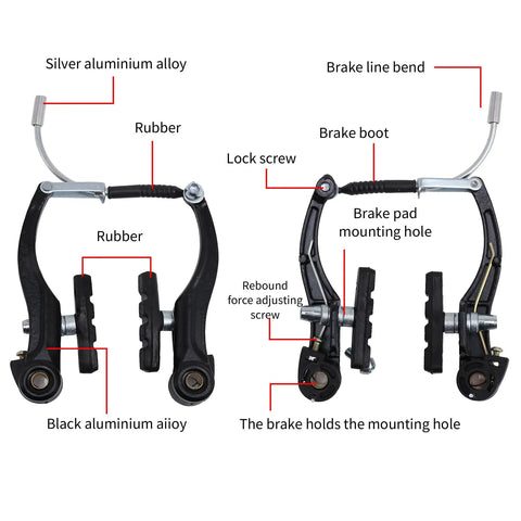 All In One V Brake Set For Mountain Bikes With Front And Rear Calipers, detailed view showing silver and black aluminium alloys