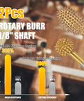 Heavy Duty Titanium Coated Rotary Burr Set Two Piece Coarse Carbide Wood Carving Kit showing 1/8 inch shaft bits and performance stats.