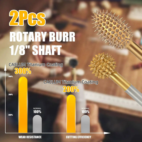 Heavy Duty Titanium Coated Rotary Burr Set Two Piece Coarse Carbide Wood Carving Kit showing 1/8 inch shaft bits and performance stats.