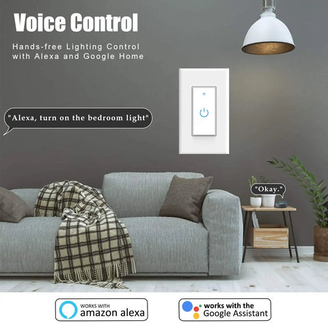 Living room with Three Gang In Wall Smart Light Switch Kit with 2.4Ghz WiFi, LED touch backlit panel, Alexa and Google Assistant support.