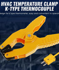 Side view of yellow HVAC temperature clamp for K-type thermocouples with jaw clip and plug