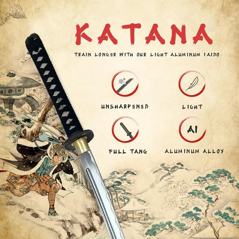 Katana Iaito Training Sword With Unsharpened Aluminum Alloy Blade, 28.3-Inch Fullered Bo-Hi For Safe Iaido Practice against illustrated backdrop