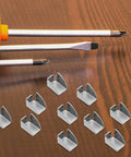 Heavy Duty Silver Adjustable Pilaster Shelf Clips Pack of 30 for Metal and Wood Shelves with tools on wooden surface