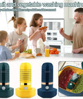 Family enjoying meal with Cordless OH Ion Purifier For Fruit Veggies Meat And Seafood Capsule Shape Cleaner, three color options shown.