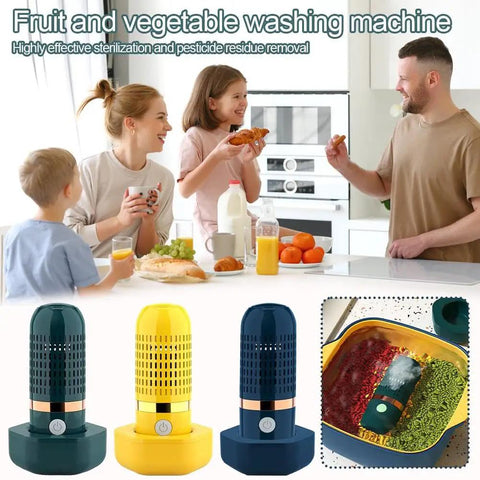 Family enjoying meal with Cordless OH Ion Purifier For Fruit Veggies Meat And Seafood Capsule Shape Cleaner, three color options shown.
