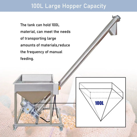 Electric Screw Conveyor With Inclined Spiral Auger Feeder, 100L Hopper, Stainless Steel, for Powder Loading in Industrial Use