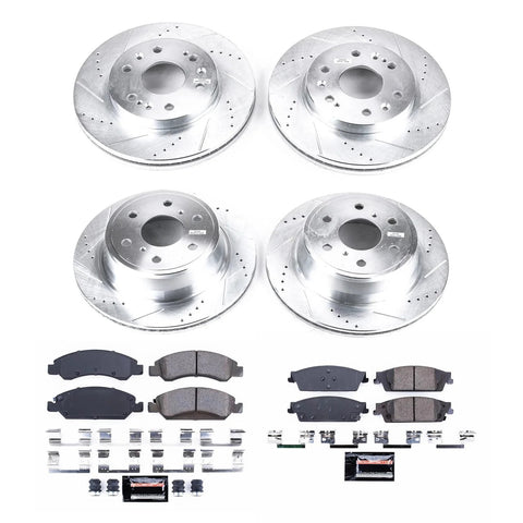 PowerStop drilled/slotted brake kit with ceramic pads; front and rear rotors for Escalade 2015–20, Silverado 2014–18