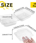 Dimensions of clear hinged plastic food containers with lids for takeout; 100 pack clamshell boxes shown in detailed measurements.