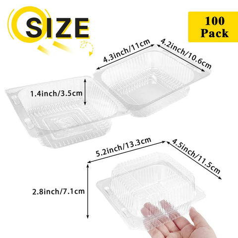 Dimensions of clear hinged plastic food containers with lids for takeout; 100 pack clamshell boxes shown in detailed measurements.