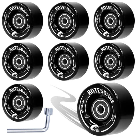 8 Pack 65 X 36 mm Quad Roller Skate Wheels 78A With ABEC 9 Bearings Installed For Double Row Skating Indoor Outdoor Use Black