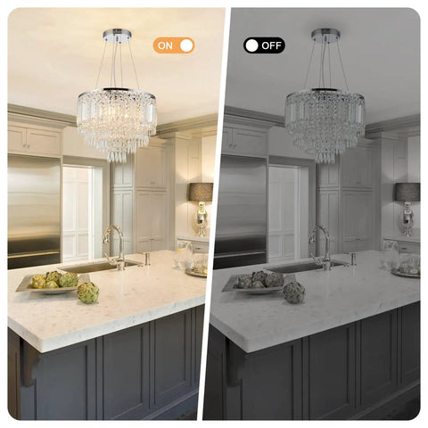 Five Light Crystal Chandelier Pendant Ceiling Light Fifteen Point Seven Inch Modern Glam in kitchen, on and off view