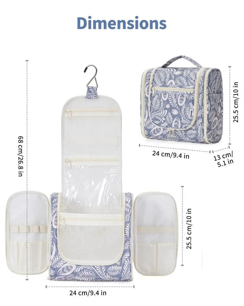 Hanging Toiletry Bag For Travel Makeup Organizer Unisex On The Go Large Capacity With 8 Mesh Pockets Blue Leaf Pattern
