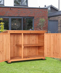Outdoor Wooden Storage Shed With Extra Large Capacity Garden Tool Cabinet Weather Resistant Patio Organizer open in yard