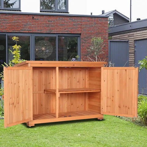 Outdoor Wooden Storage Shed With Extra Large Capacity Garden Tool Cabinet Weather Resistant Patio Organizer open in yard