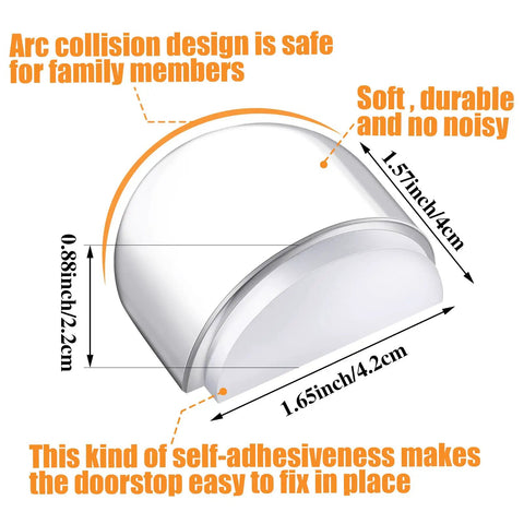Heavy Duty Acrylic Door Stopper 4 Pack No Drill Sticky Wall Bumpers Smooth curved design with dimensions for easy installation.