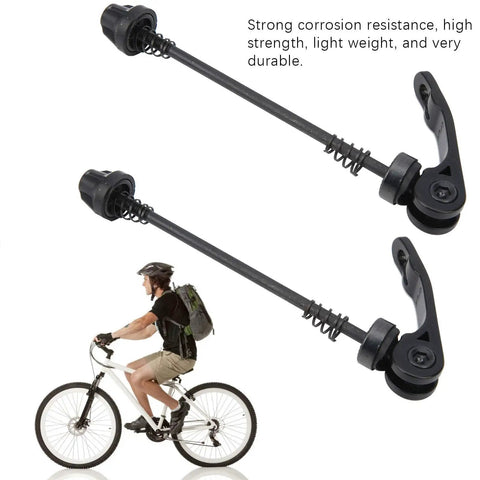Dual Pack Aluminum Alloy Quick Release Skewers For Mountain And Road Bikes, shown with cyclist riding a bike, easy install