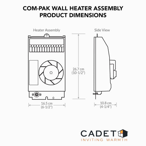 Diagram of Electric Wall Heater Assembly Without Thermostat For CS152 1500 Watt 1125 Watt dimensions and side view
