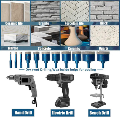 Tile Hole Saw Kit With Triangle Shank Diamond Drill Bits Set for drilling ceramic, granite, porcelain, marble, brick, stone materials.