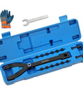 15 Piece Universal Pulley Holder Tool Kit Pro Grade With Variable Pin Spanner Wrench Set in blue case with gloves and spanner