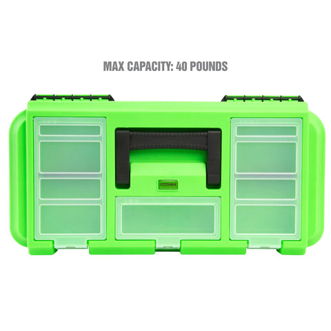 19 Inch Tool Box With Removable Tray And Beefy Handle, large green plastic tool box, multiple compartments, 40 lb capacity