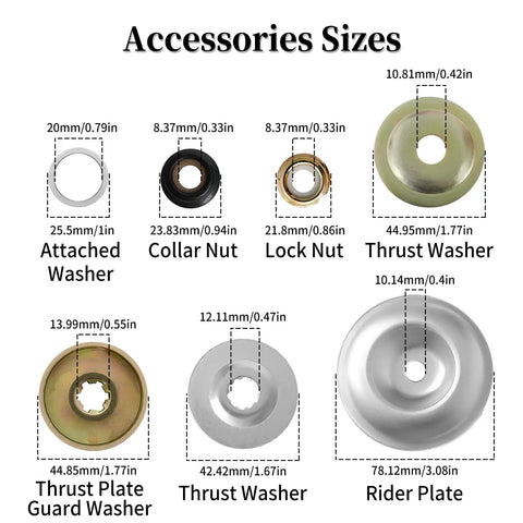 Universal Blade Trimmer Head Adapter Kit accessory sizes including washers, nuts, and plates for straight shaft string trimmers.