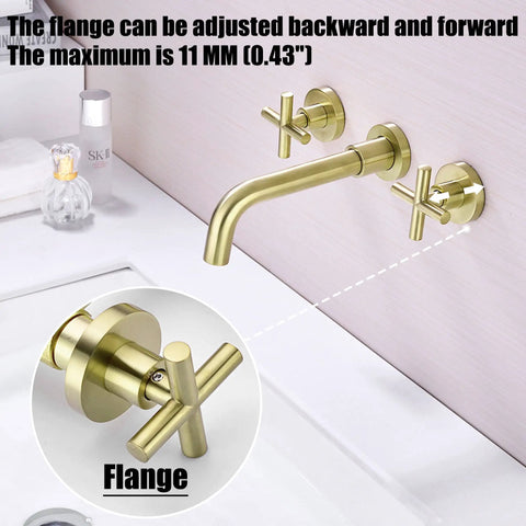 Brushed Gold Brass Wall Mount Bathroom Faucet With Two Cross Handles No Fuss Rough In Valve One Quarter Turn Ceramic Cartridge 360 Degree Rotating Spout Reaches 208mm Built To Last