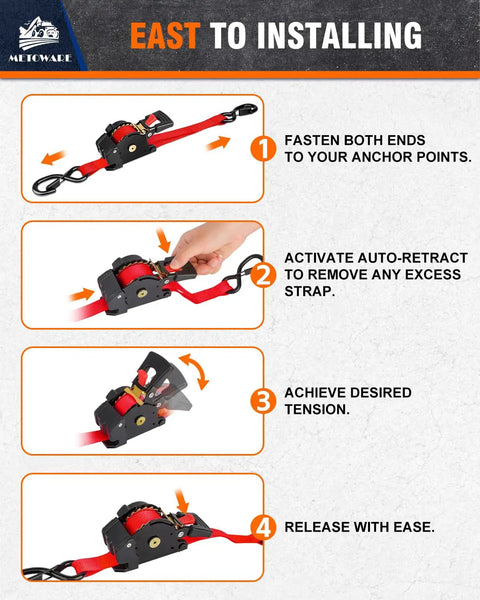 Instructions for using 4 Pack Auto Retracting Ratchet Straps 1x10 Ft Self Roll Back System for secure hauling.