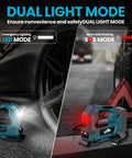Portable Cordless Tire Inflator with Digital Pressure Gauge and LED light in dual mode next to car tire