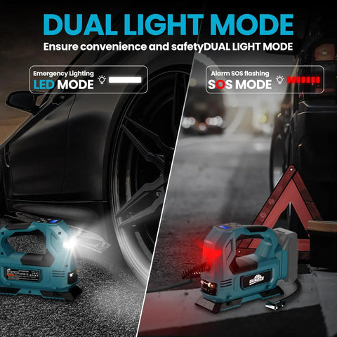 Portable Cordless Tire Inflator with Digital Pressure Gauge and LED light in dual mode next to car tire
